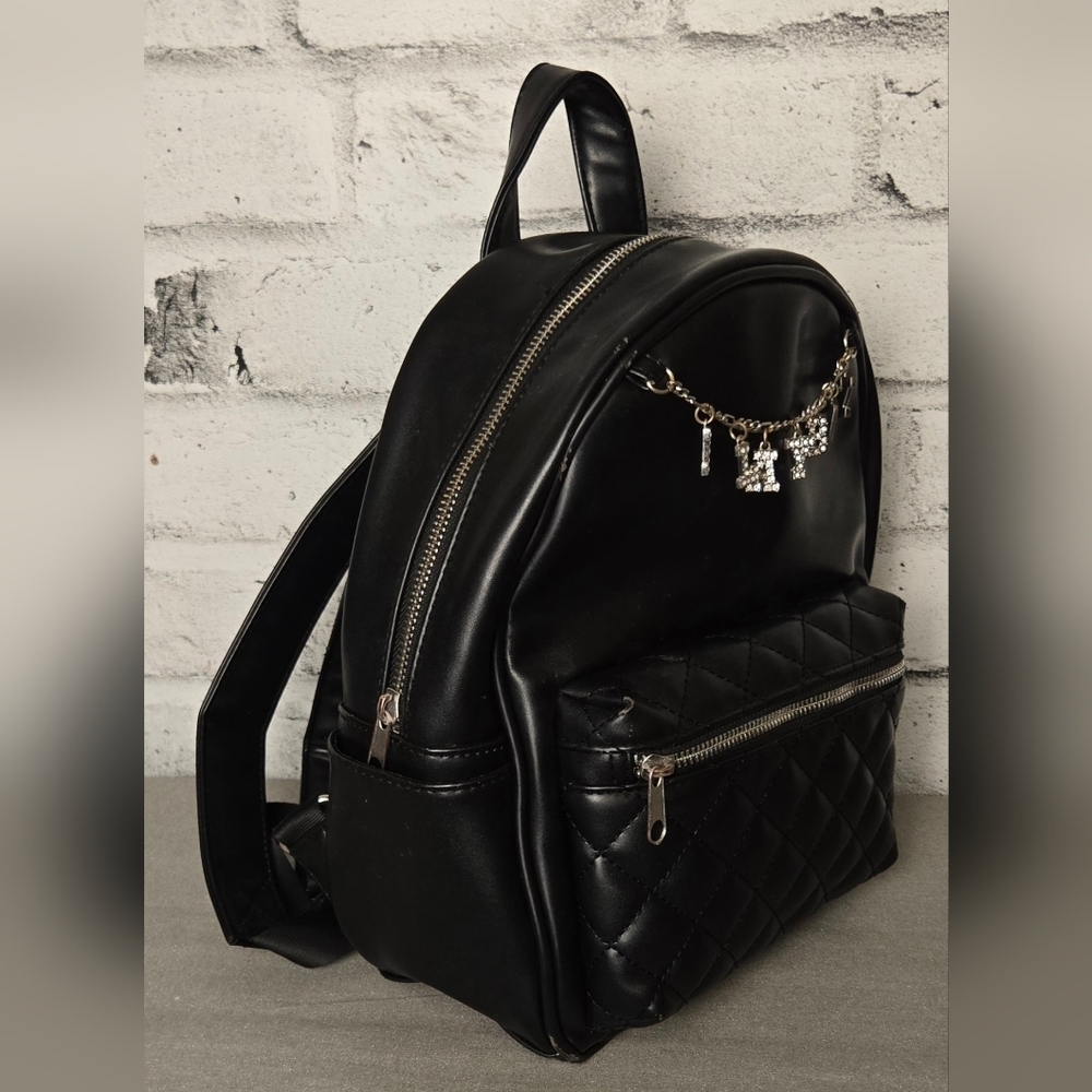 Playboy Quilted Black Faux Leather Mini Backpack with Rhinestone Charm - Picture 4 of 9